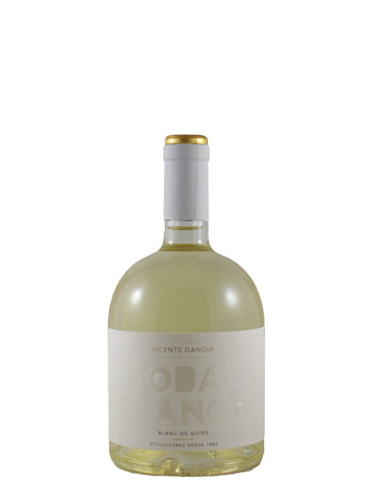 A stubby-looking bottle of white wine with a pale yellow liquid inside, featuring a white label with gray lettering and a gold & white foil cap, set against a plain white background.
