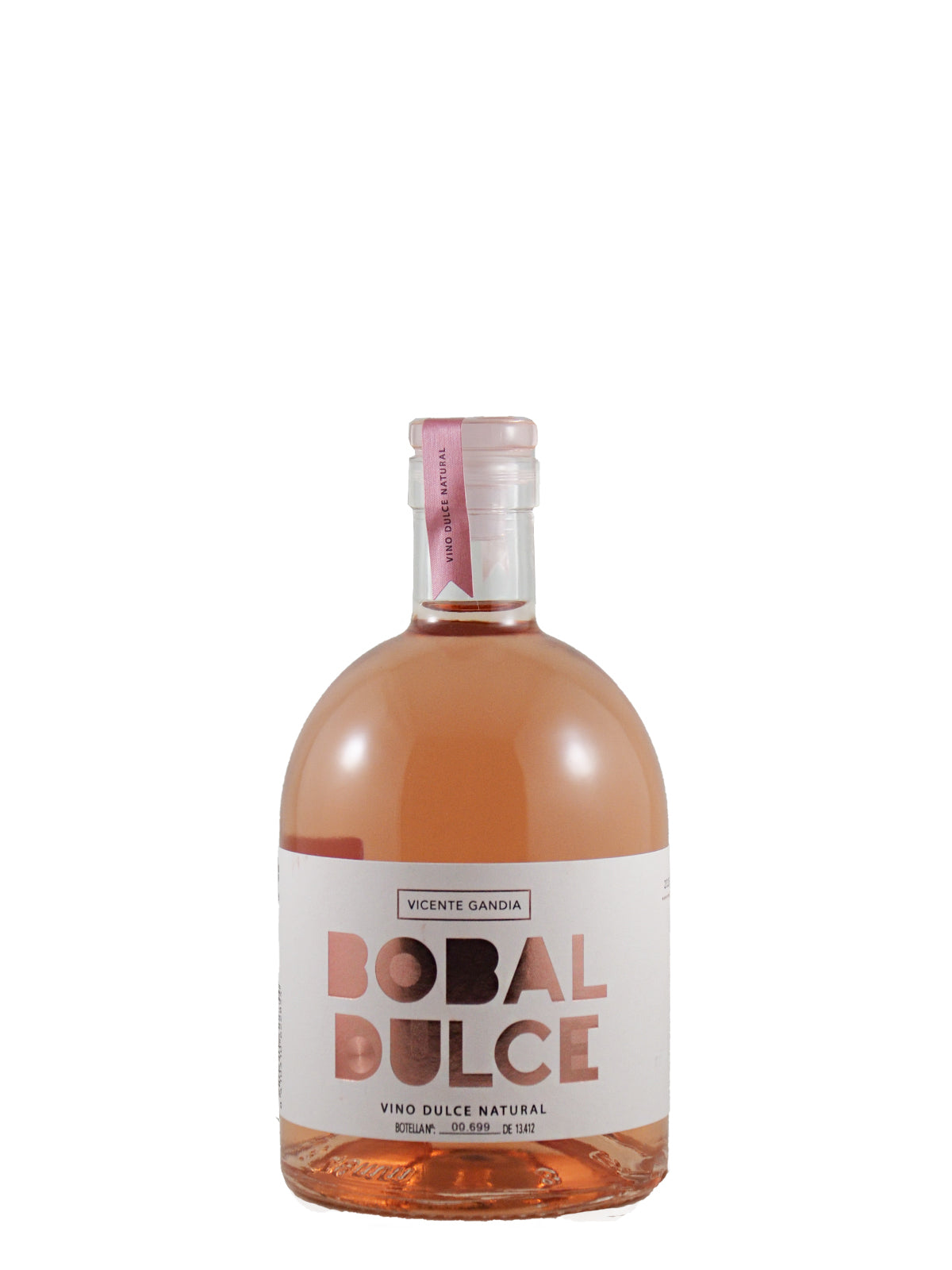 A bottle of Bobal Dulce rosé wine by Vicente Gando, featuring a white label with rose gold lettering and a pink foil seal on a white background.