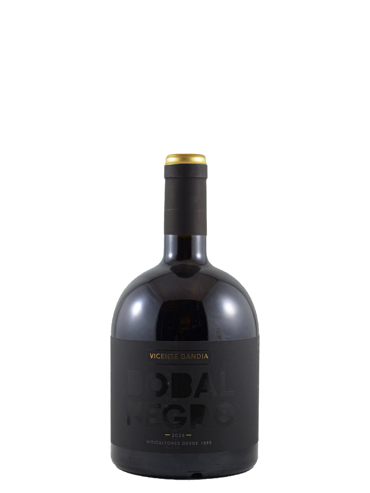 A stubby-looking bottle of Vicente Gandia Global Negocio red wine with a dark glass body, black label, gold foil on the neck, and a gold accent on the label, set against a plain white background.