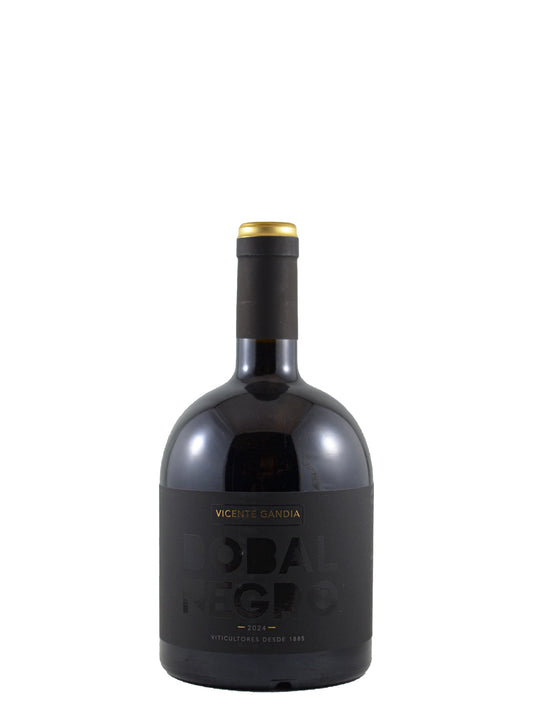 A stubby-looking bottle of Vicente Gandia Global Negocio red wine with a dark glass body, black label, gold foil on the neck, and a gold accent on the label, set against a plain white background.