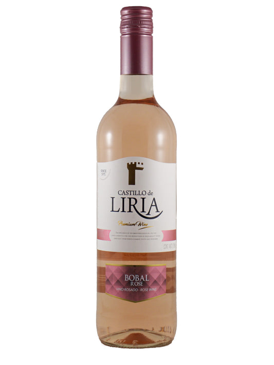 A bottle of Castillo de Liria Bobal rosé wine with a white label and a dark pinkish-purple capsule, shown on a plain white background.