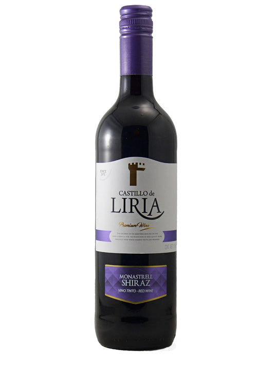 A bottle of Castillo de Liria Monasterio Shiraz red wine, featuring a dark glass bottle with a purple screw cap and a white label with purple and gold accents.