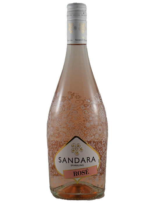 A bottle of Sandara Rosé sparkling wine with a pale pink liquid, decorated with a white floral pattern, and a white label with gold and pink details.