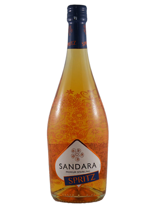 A bottle of Sandara Spritz premium sparkling wine, featuring a patterned orange label and a dark blue neck seal, set against a plain white background.