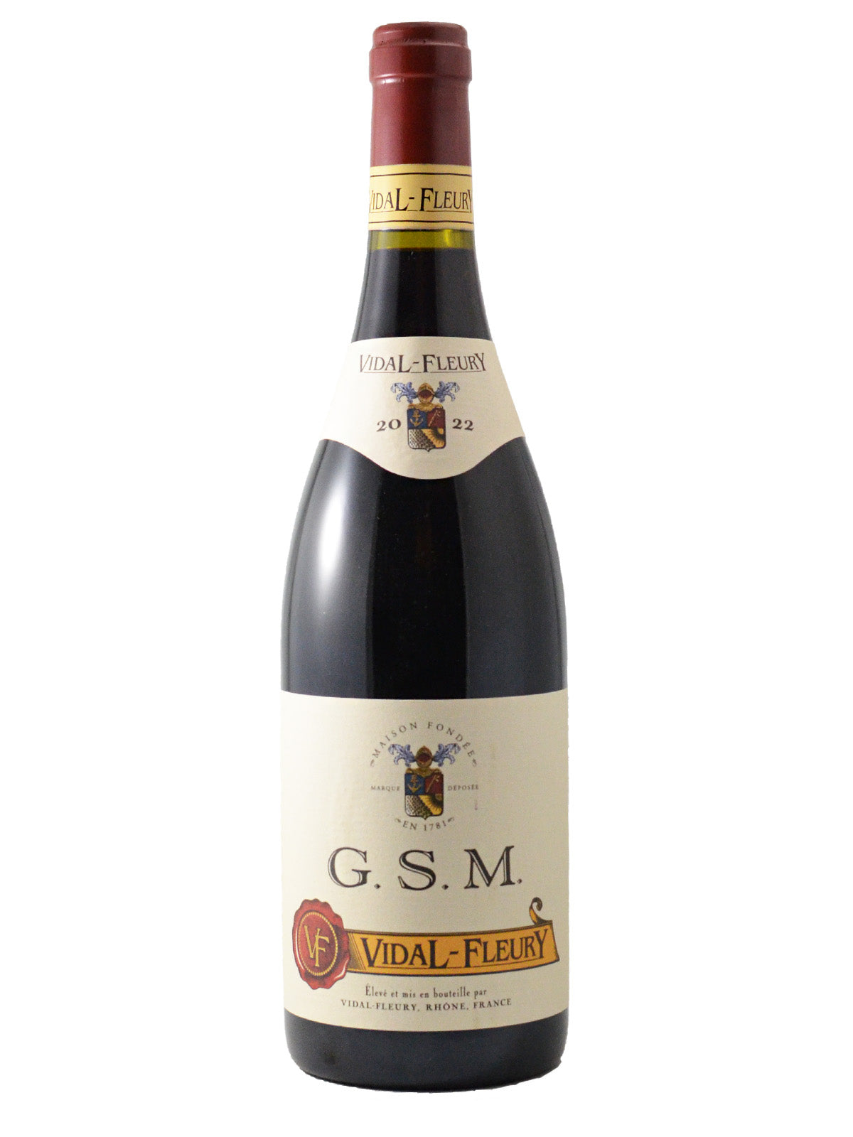 Bottle of Vidal-Fleury GSM Red Blend wine with labeling that includes the brand name, variety, and other details, set against a plain background.