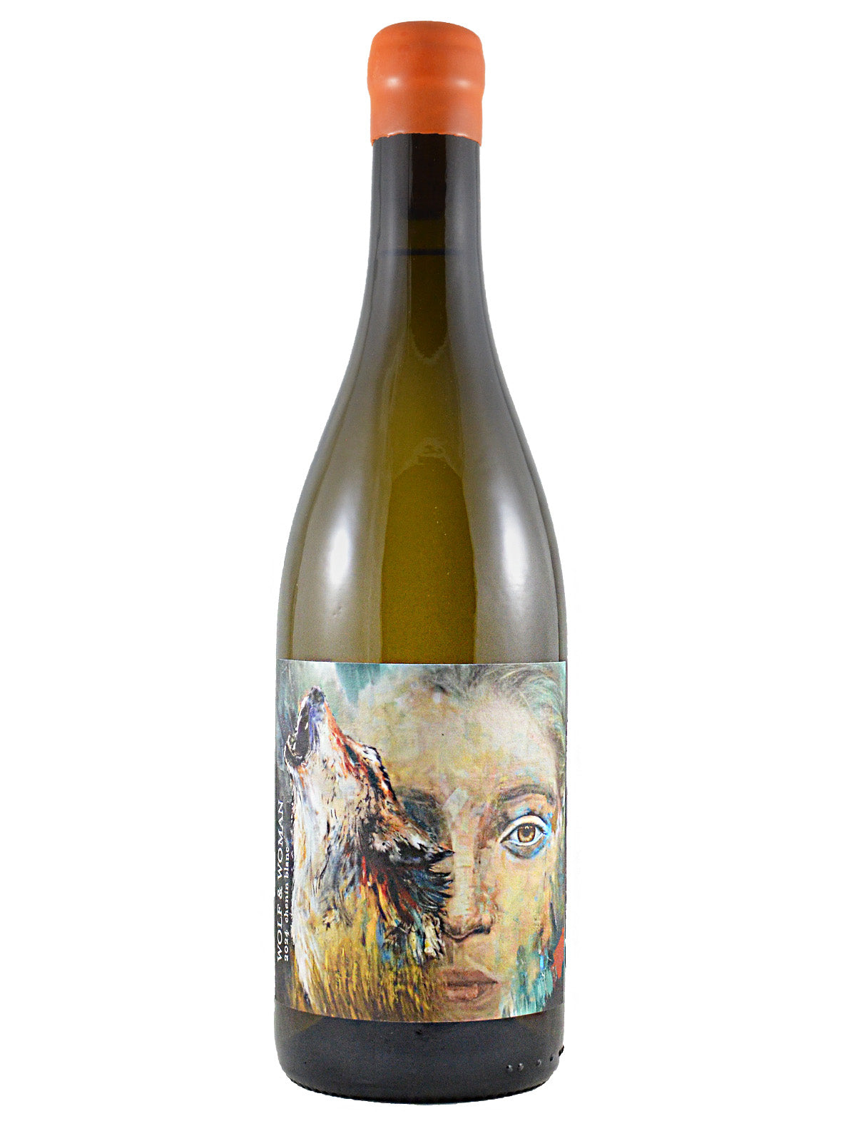 Wine bottle with artistic label with a painterly image of a howling wold over a woman's face. Orange wax enclosure. Set against plain white background.