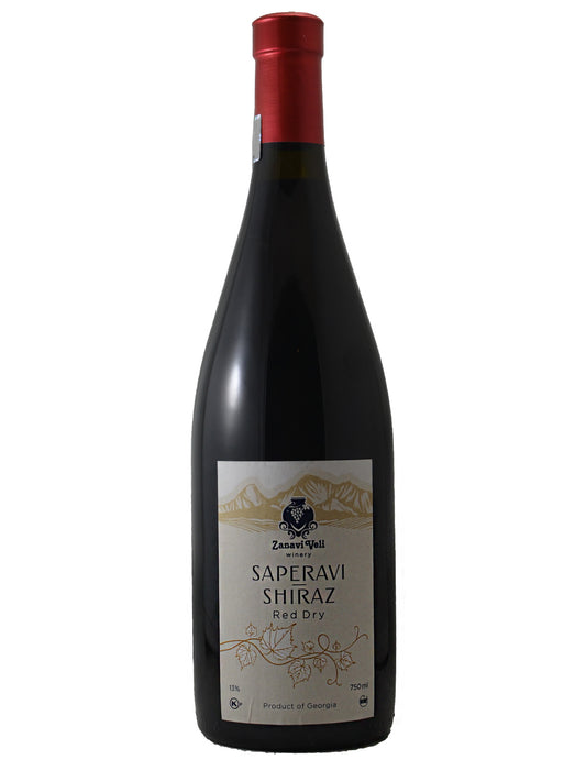 Wine bottle of Saperavi Shiraz with a red cap on a white background