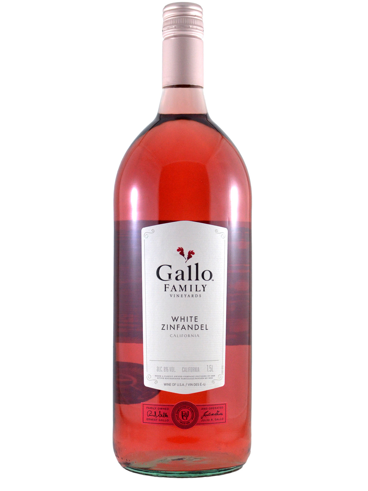 A 1.5L magnum size bottle of Gallo Family Vineyards White Zinfandel. White label, pink screwcap enclosure. All against white background.