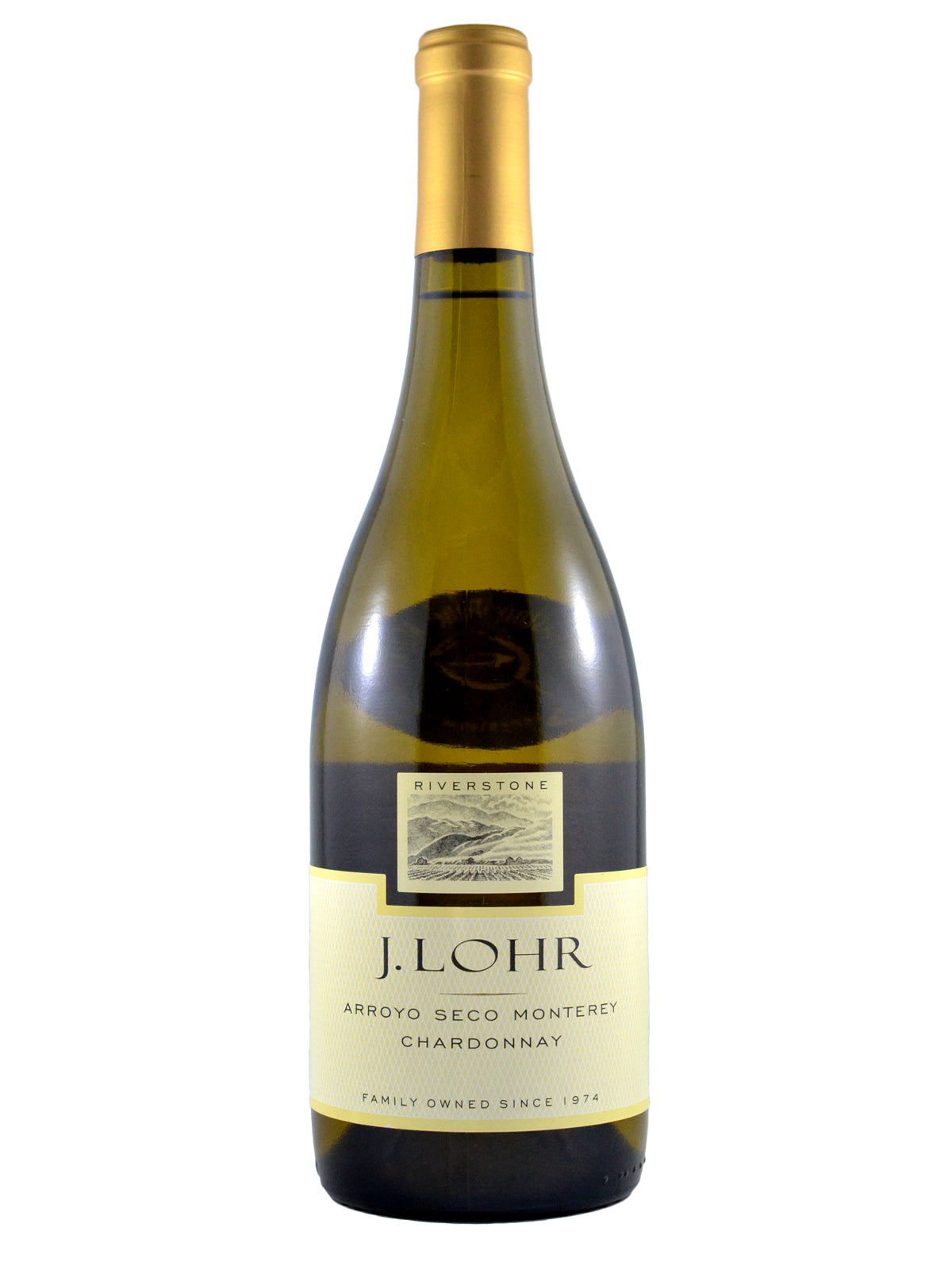 A bottle of J Lohr Riverstone Chardonnay white wine. Green glass, gold-yellow foil capsule, light yellow/cream label with J Lohr Arroyo Seco Monterey Chardonnay Family Owned Since 1974 and a secondary label above with a picture of a vineyard against some hills that says Riverstone. Bottle set against white background.