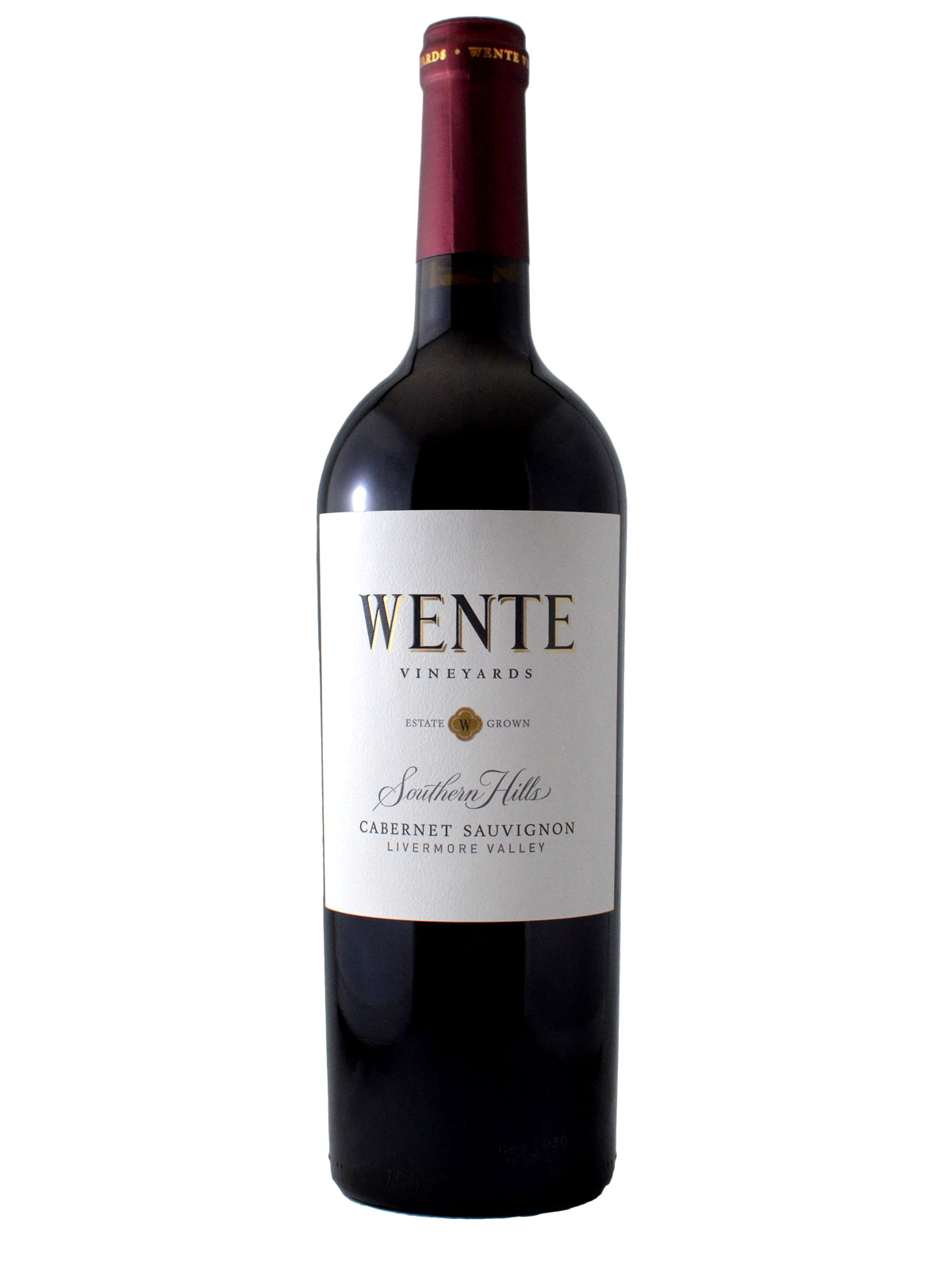 Bottle of Wente Southern Hills Cabernet Sauvignon from Livermore Valley California. Red/maroon enclosure.